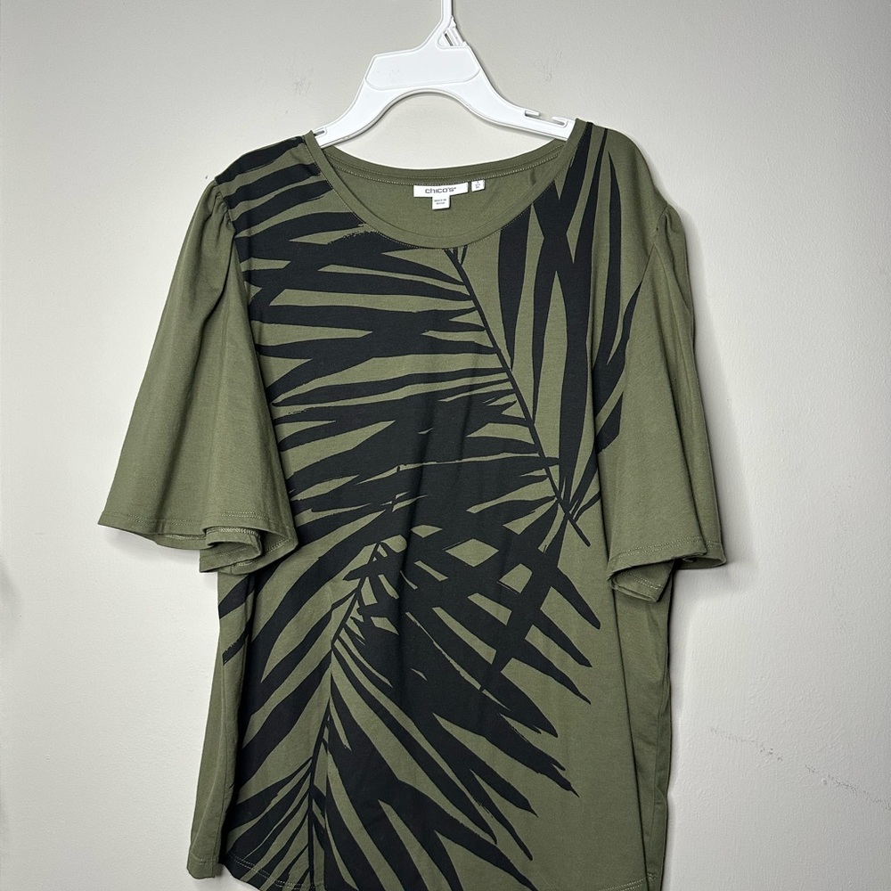 Chico's Womens Green Black Palm Leaf Print Puff Sleeve T-Shirt Size 3 US XL